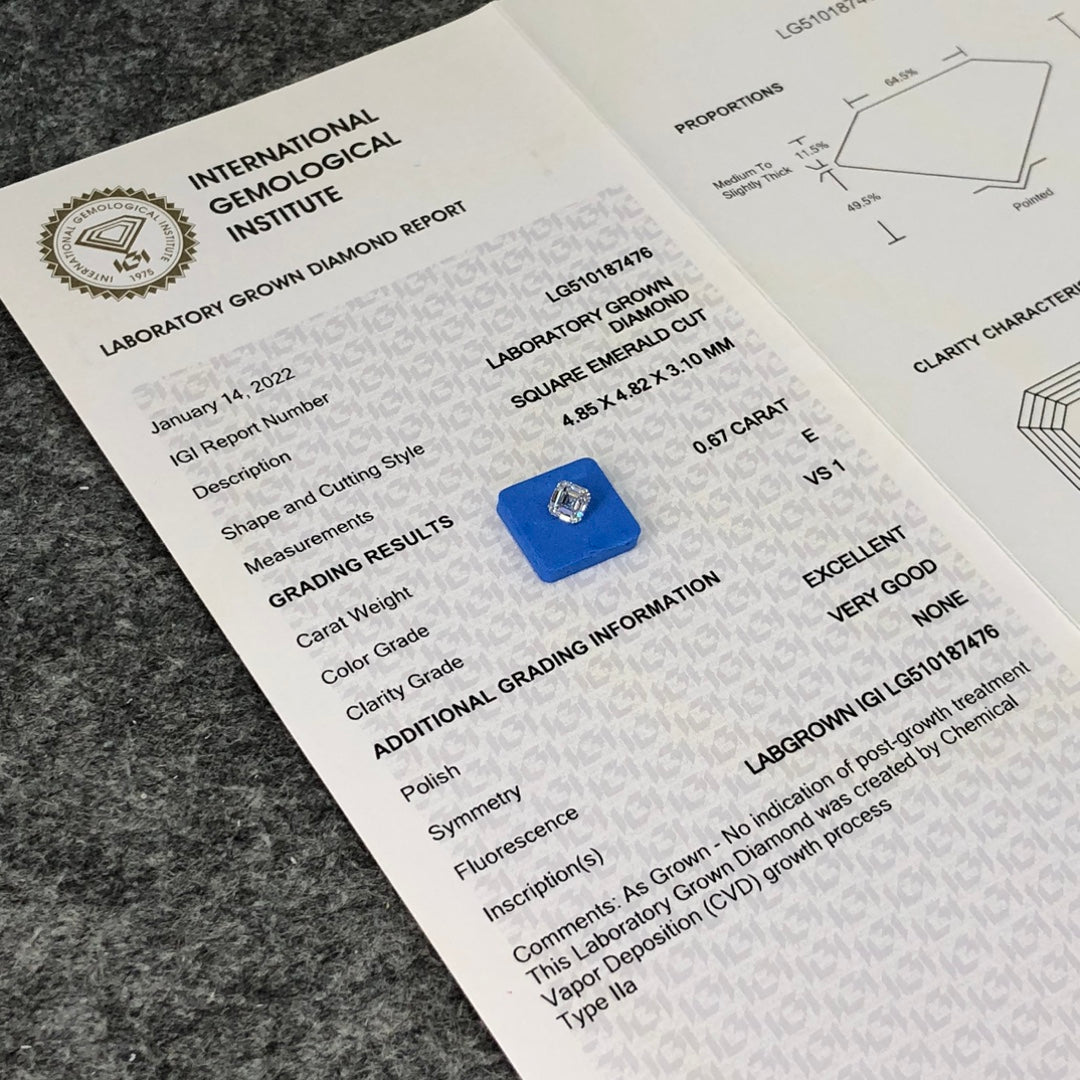 0.67 Carat Lab Grown Diamond E VS1 Square Emerald EX VG CVD