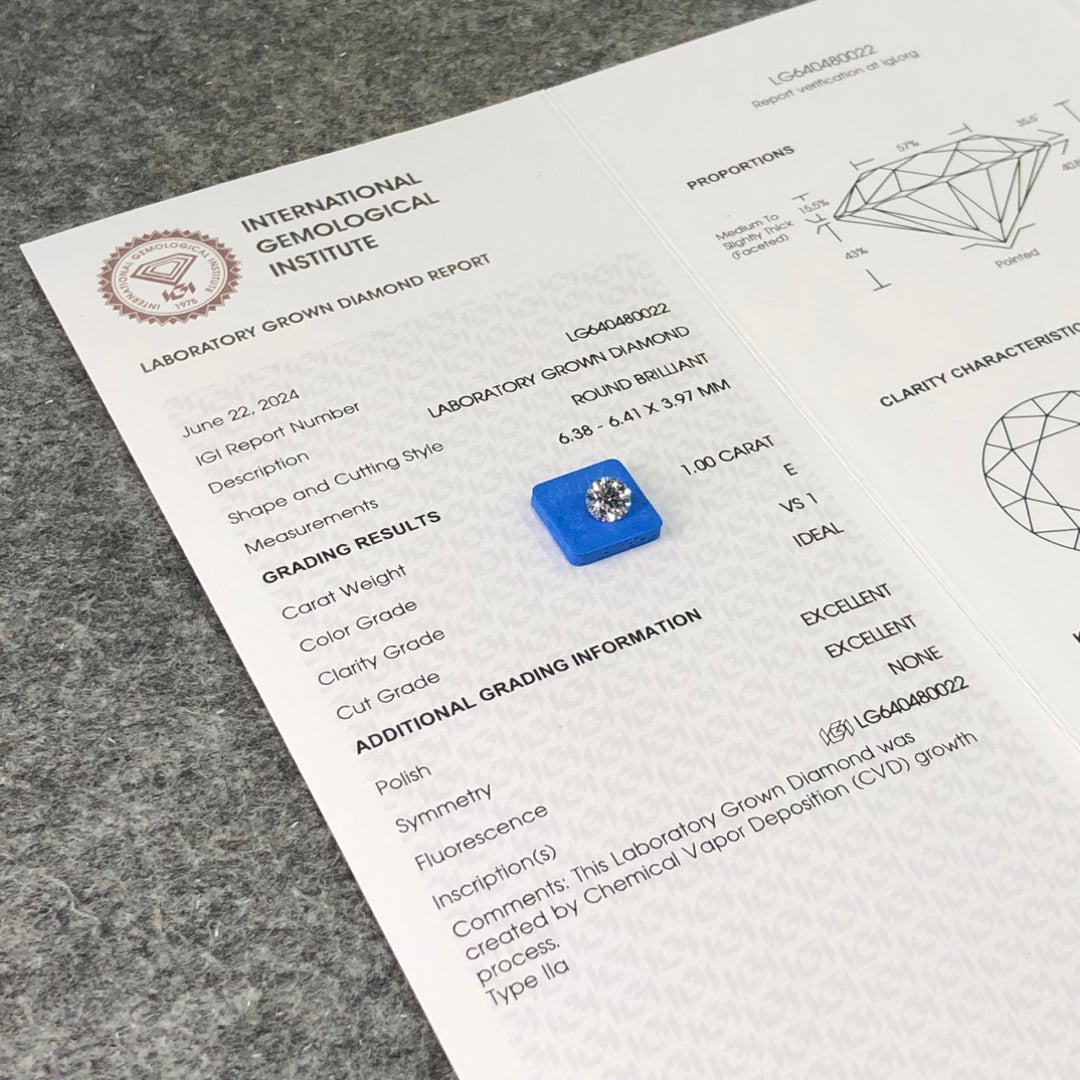 1.00 Carat IGI Certificate Lab Grown Diamond E VS1 CVD Lab Created Round Diamond