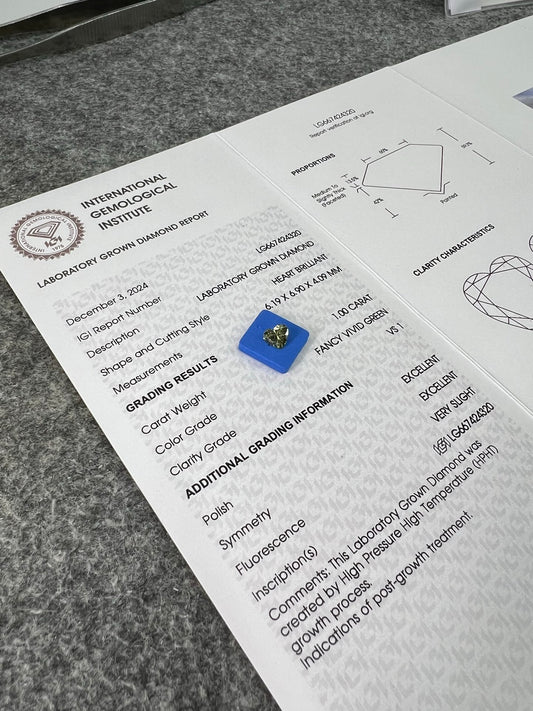 1.00 Carat Lab Grown Diamond Fancy Vivid Green VS1 2EX HPHT Heart Shape