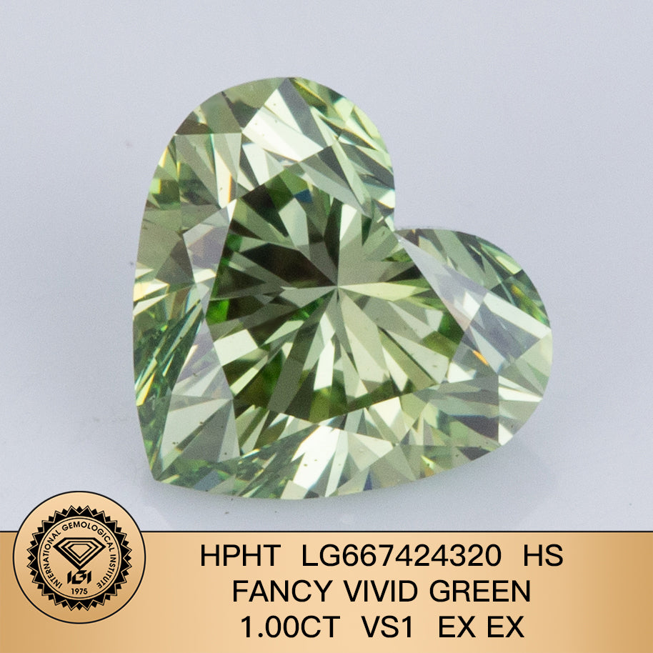 1.00 Carat Lab Grown Diamond Fancy Vivid Green VS1 2EX HPHT Heart Shape