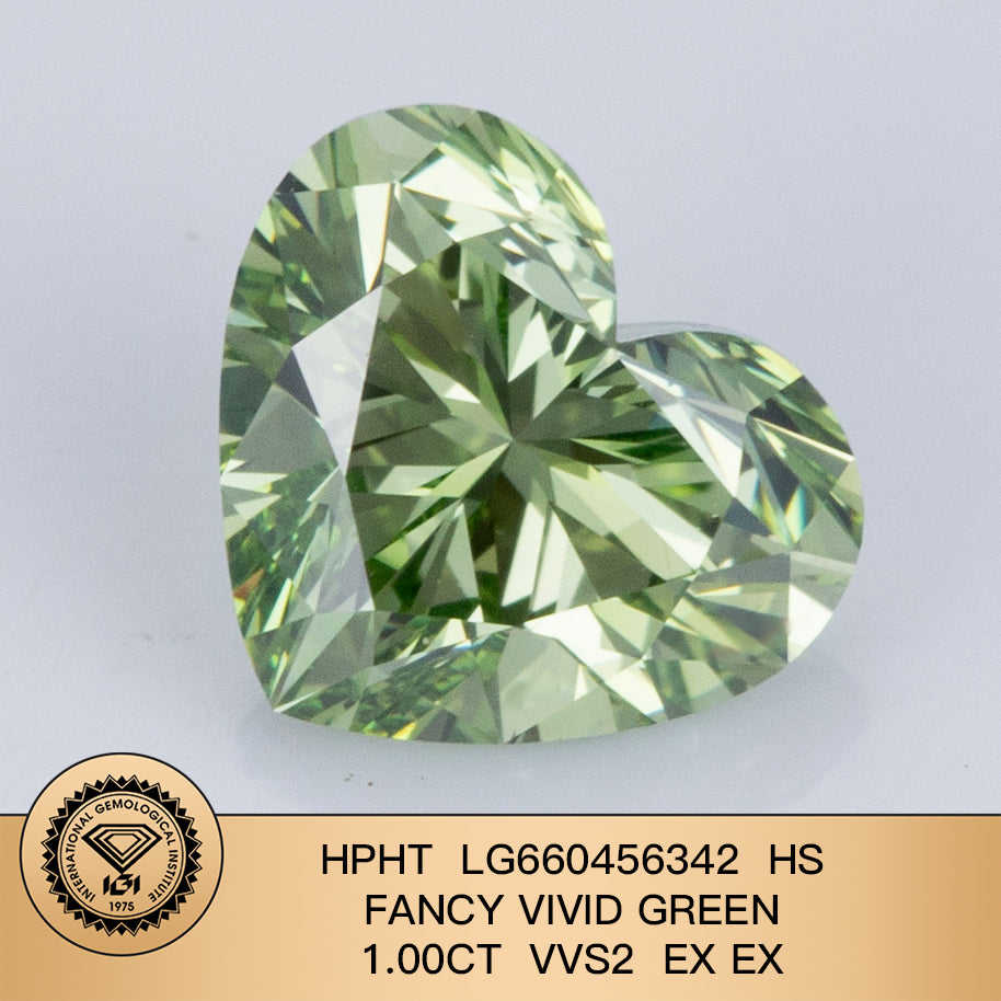 1.00 Carat Lab Grown Diamond Fancy Vivid Green VVS2 2EX HPHT Heart Shape