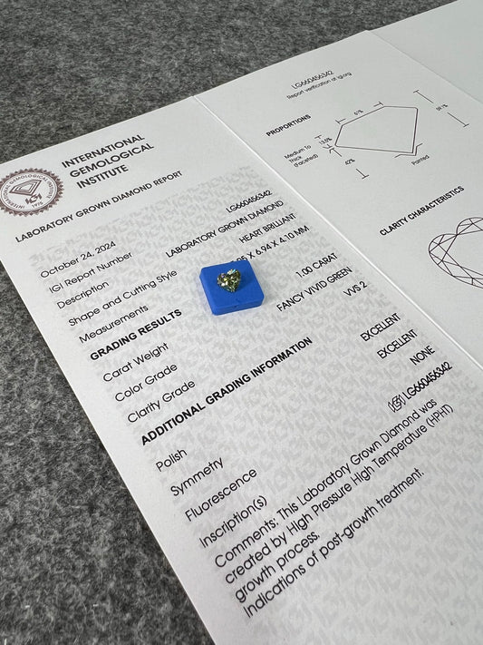 1.00 Carat Lab Grown Diamond Fancy Vivid Green VVS2 2EX HPHT Heart Shape