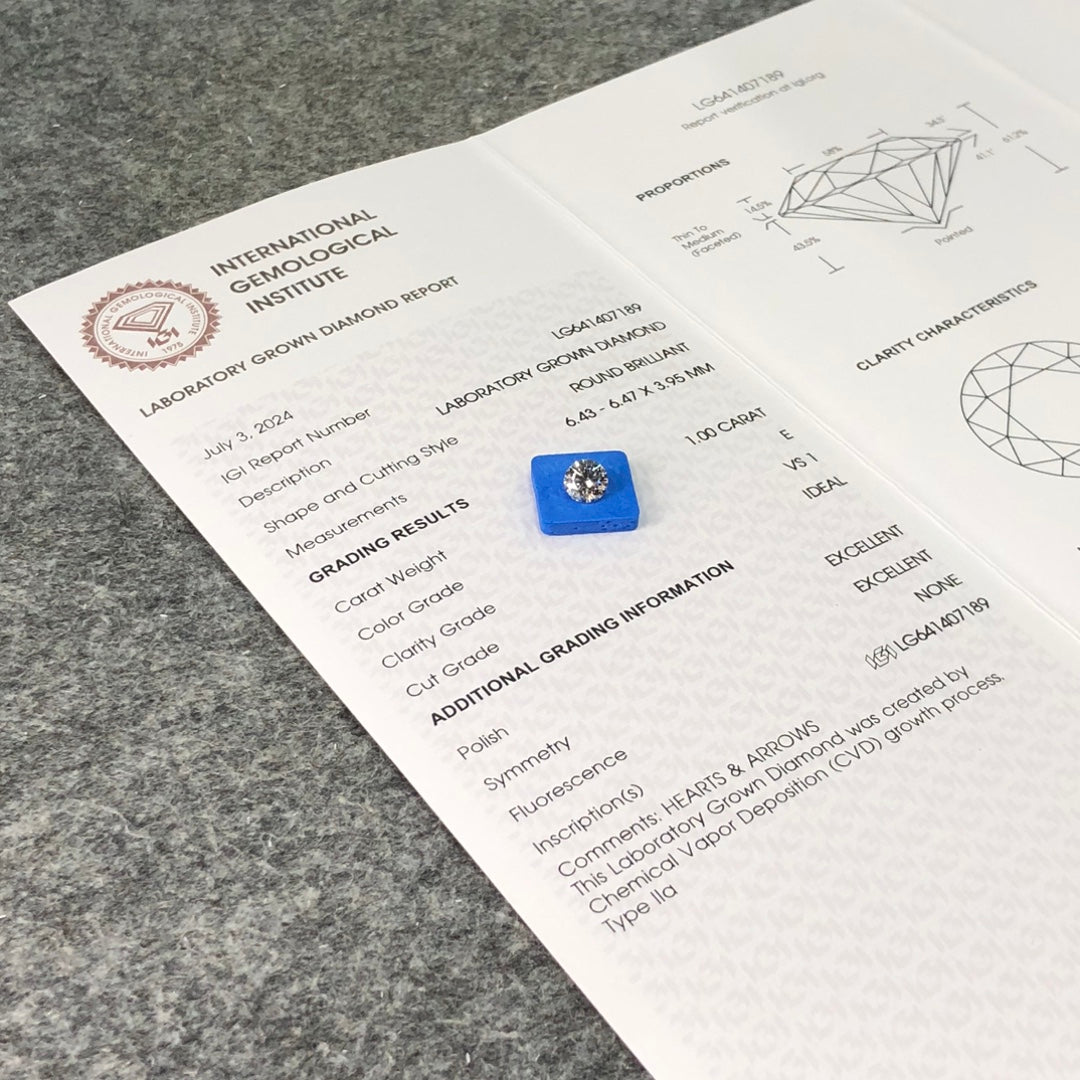 1.00 Carat Lab Grown Diamond IGI Certificate E VS1 CVD Lab Created Round Diamond