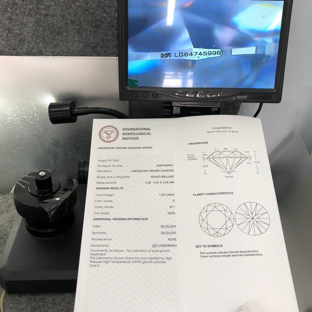 1.00 Carat Lab Grown Round Diamond D VS1 HPHT Ideal 2EX IGI Certificate