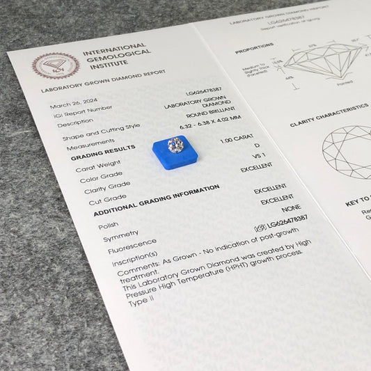 1.00 Carat Lab Grown Round Diamond D VS1 HPHT 3EX IGI Certificate