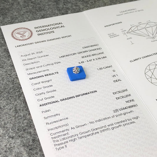 1.00 Carat Lab Grown Round Diamond D VS1 HPHT Ideal 2EX IGI Certificate