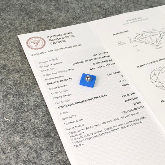 1.01 Carat D Lab Grown Diamond VVS1 IGI HPHT NONE Fluorescence Ideal EX EX