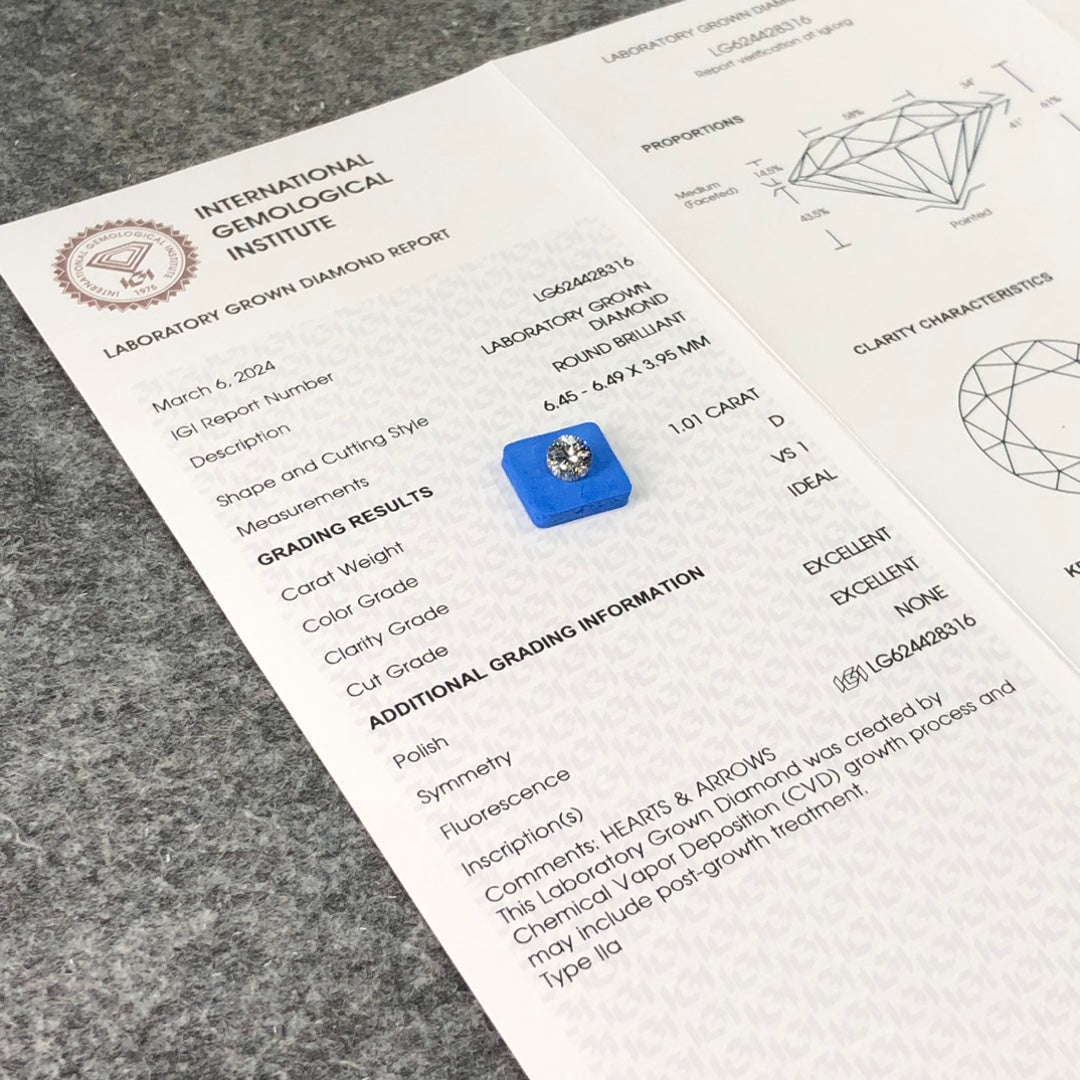 1.01 Carat IGI Certificate Lab Grown Diamond D VS1 CVD Lab Created Round Diamond