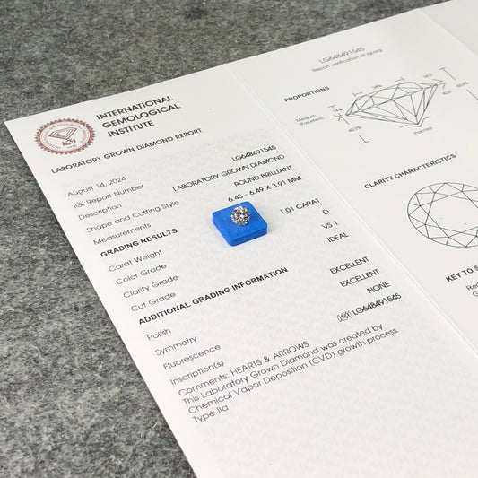 1.01 Carat Lab Grown Diamond D VS1 CVD Ideal 2EX IGI Certificate