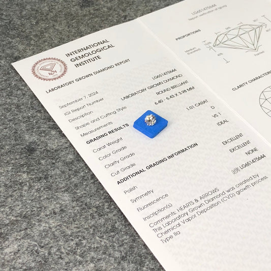 1.01 Carat Lab Grown Diamond D VS1 IGI Certificate CVD Ideal 2EX