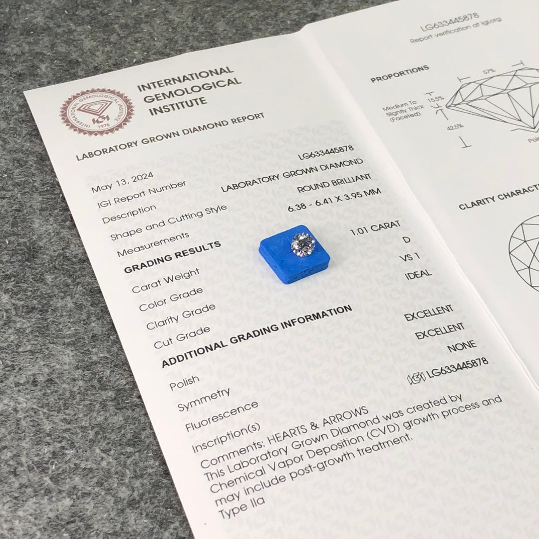 1.01 Carat Lab Grown Diamond VS1 IGI Certificate D CVD Ideal 2EX Cut