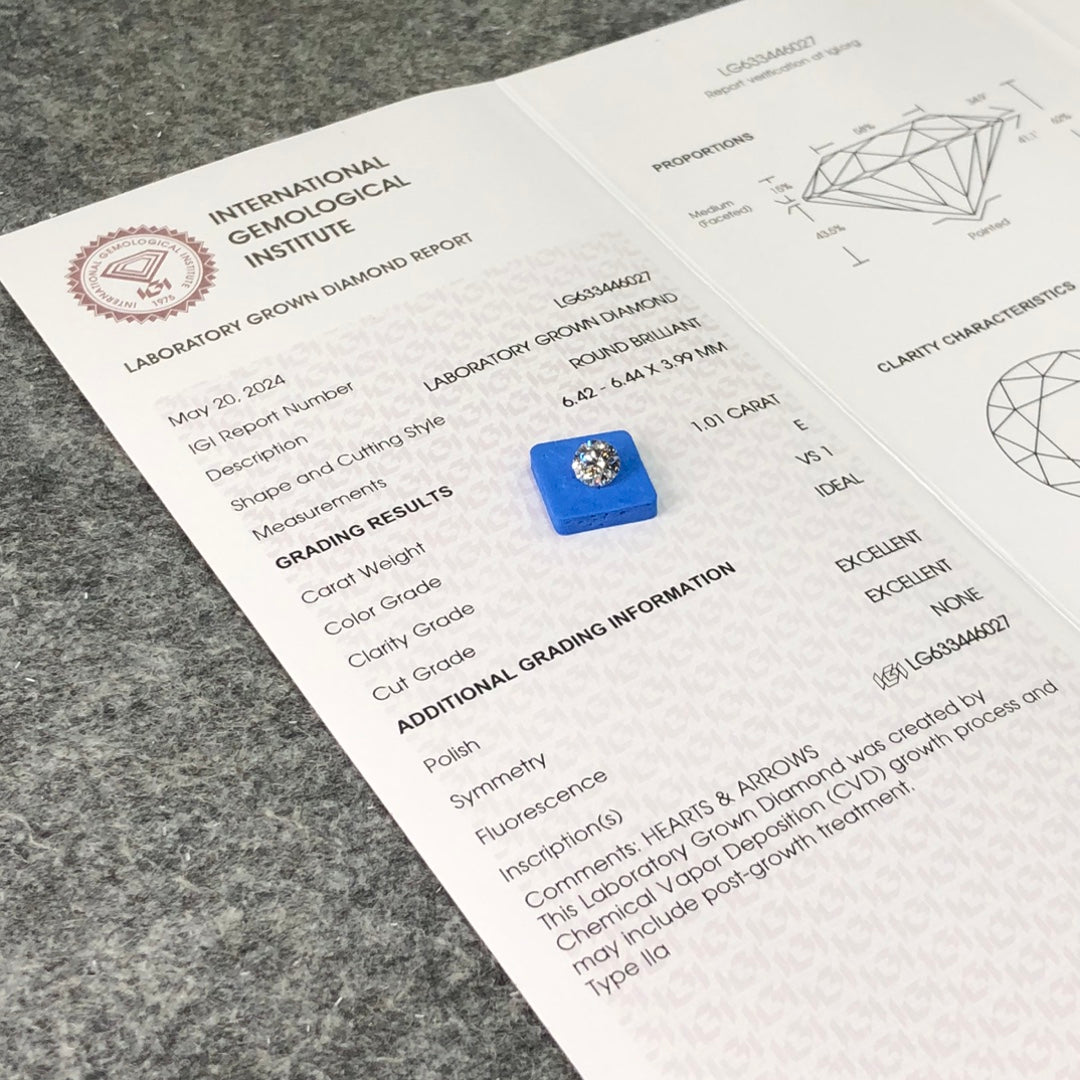 1.01 Carat Lab Grown Diamond VS1 IGI Certificate E CVD Ideal 2EX Round