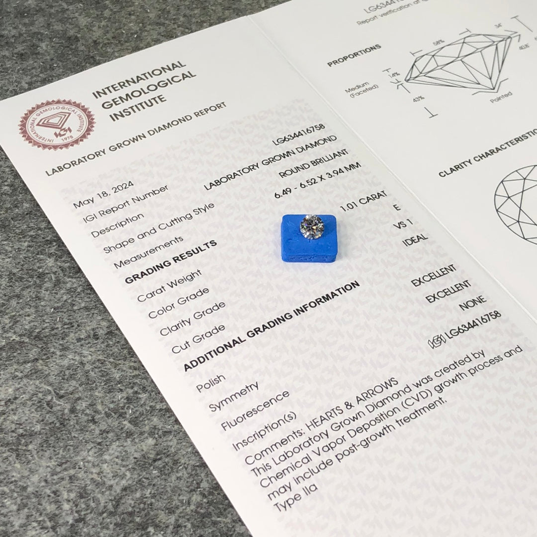 1.01 Carat Lab Grown Diamond VS1 IGI Certificate E CVD Ideal 2EX Cut