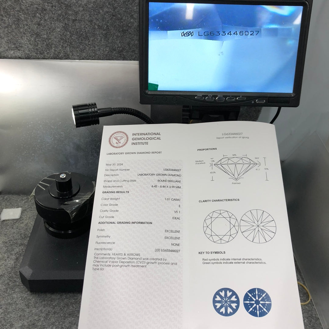 1.01 Carat Lab Grown Diamond VS1 IGI Certificate E CVD Ideal 2EX Round