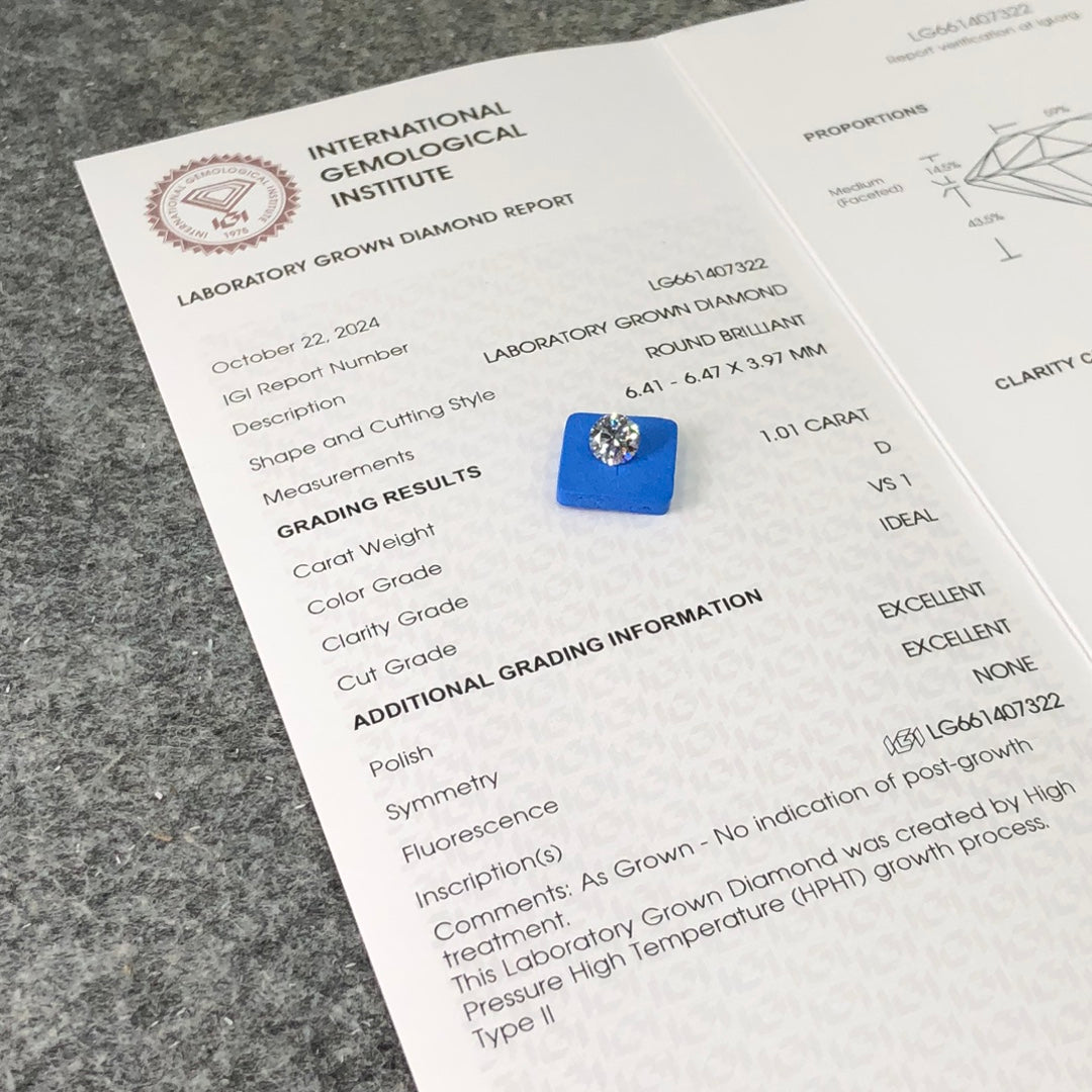 1.01 Carat Lab Grown Diamond VS1 IGI D HPHT 3EX Synthetic Diamond