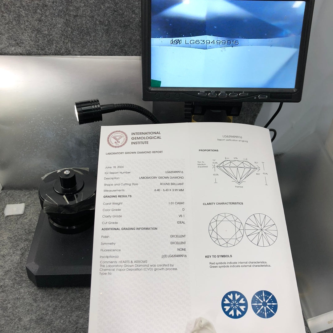 1.01 Carat Lab Grown Round Diamond D VS1 CVD Ideal 2EX IGI Certificate