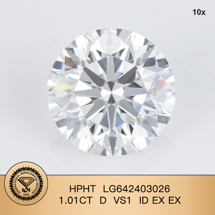 1.01 Carat Lab Grown Round Diamond D VS1 HPHT ID EX EX IGI Certificate