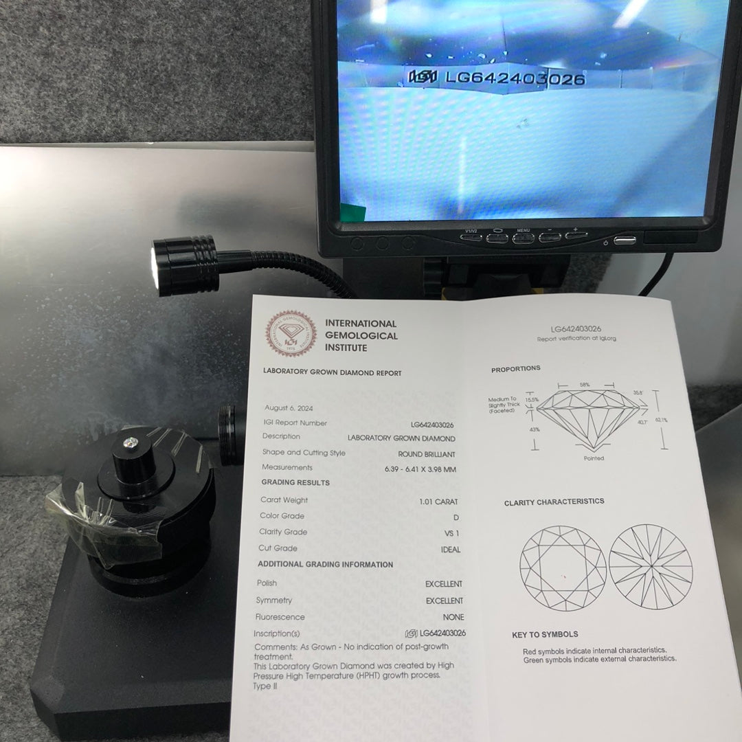 1.01 Carat Lab Grown Round Diamond D VS1 HPHT ID EX EX IGI Certificate