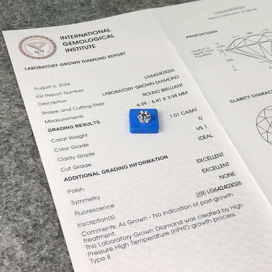 1.01 Carat Lab Grown Round Diamond D VS1 HPHT ID EX EX IGI Certificate
