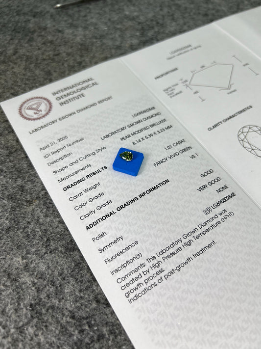 1.01 Carat VS1 Lab Grown Diamond Fancy Vivid Green Pear Shape VG Good IGI Certified HPHT