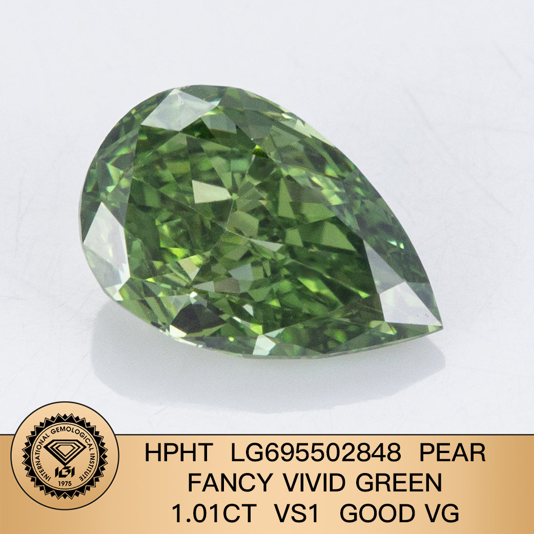 1.01 Carat VS1 Lab Grown Diamond Fancy Vivid Green Pear Shape VG Good IGI Certified HPHT
