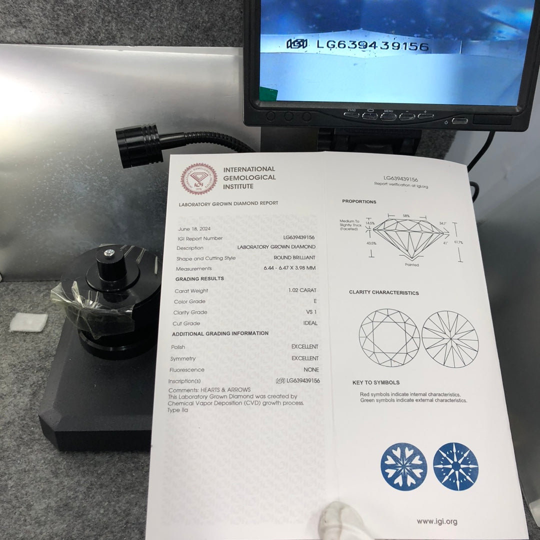 1.02 Carat Lab Grown Diamond E VS1 CVD ID EX EX IGI Certificate