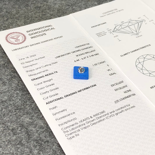 1.02 Carat Lab Grown Diamond E VS1 CVD ID EX EX IGI Certificate