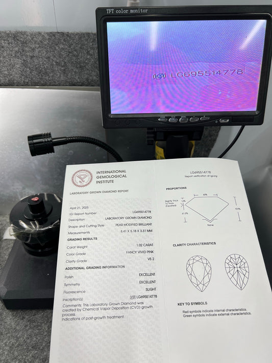1.02 Carat Lab Grown Diamond Fancy Vivid Pink Pear Shape EX EX IGI Certified CVD VS2