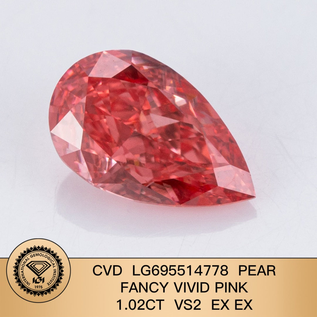 1.02 Carat Lab Grown Diamond Fancy Vivid Pink Pear Shape EX EX IGI Certified CVD VS2