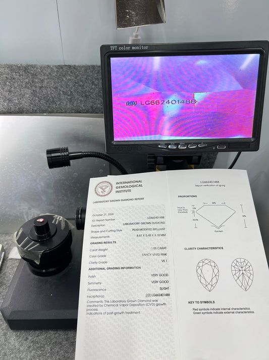 1.05 Carat Lab Grown Diamond Fancy Vivid Pink VS1 CVD 2VG Pear Shape