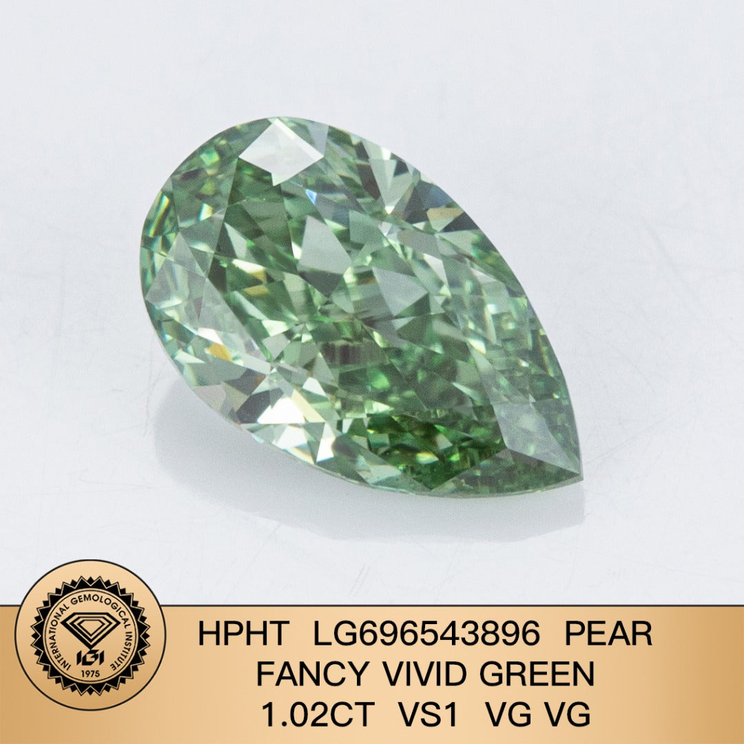 Diamant poire de 1,02 carat, cultivé en laboratoire, vert vif fantaisie VS1 HPHT 2VG