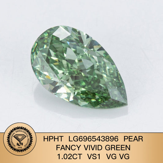 1.02 Carat Lab Grown Pear Diamond Fancy Vivid Green VS1 HPHT 2VG