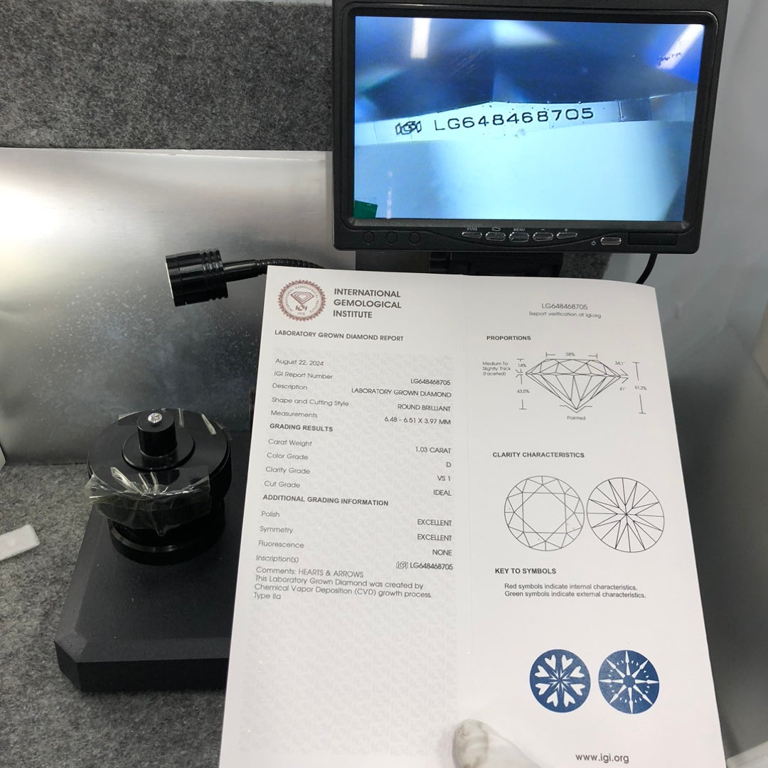 1.03 Carat Lab Grown Diamond IGI Certificate D VS1 CVD 3EX