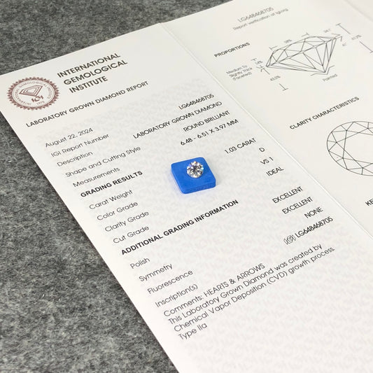 1.03 Carat Lab Grown Diamond IGI Certificate D VS1 CVD 3EX