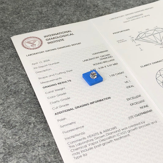 1.03 Carat Lab Grown Diamond VS1 E CVD N Ideal 2EX Synthetic Round Diamond IGI Certificate