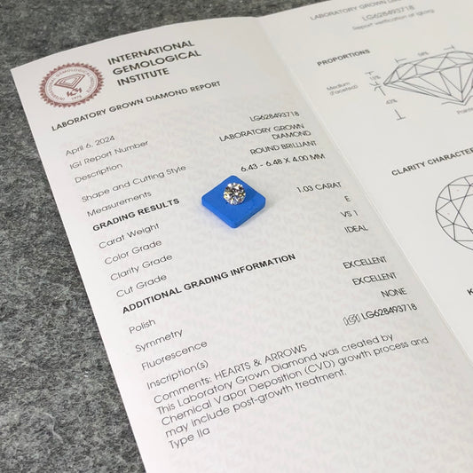 1.03 Carat Lab Grown Diamond VS1 E CVD N Ideal 2EX Cut Synthetic Round Diamond IGI Certificate