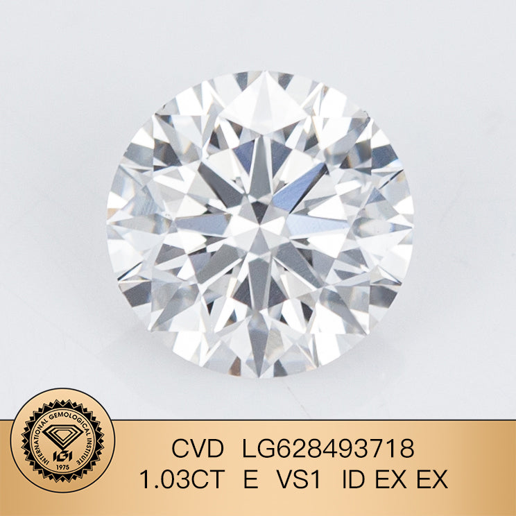 1.03 Carat Lab Grown Diamond VS1 E CVD N Ideal 2EX Cut Synthetic Round Diamond IGI Certificate