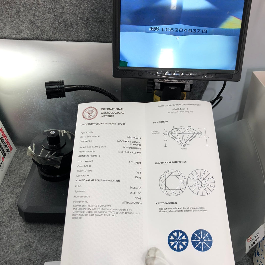 1.03 Carat Lab Grown Diamond VS1 E CVD N Ideal 2EX Cut Synthetic Round Diamond IGI Certificate