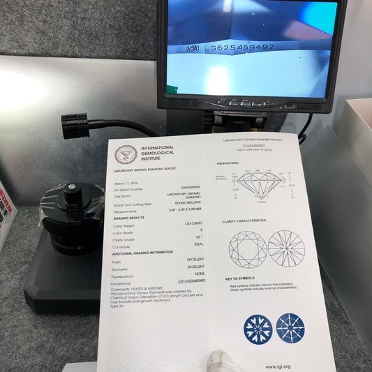 1.03 Carat Lab Grown Diamond VS1 IGI E CVD N Ideal 2EX Cut Synthetic Round Diamond