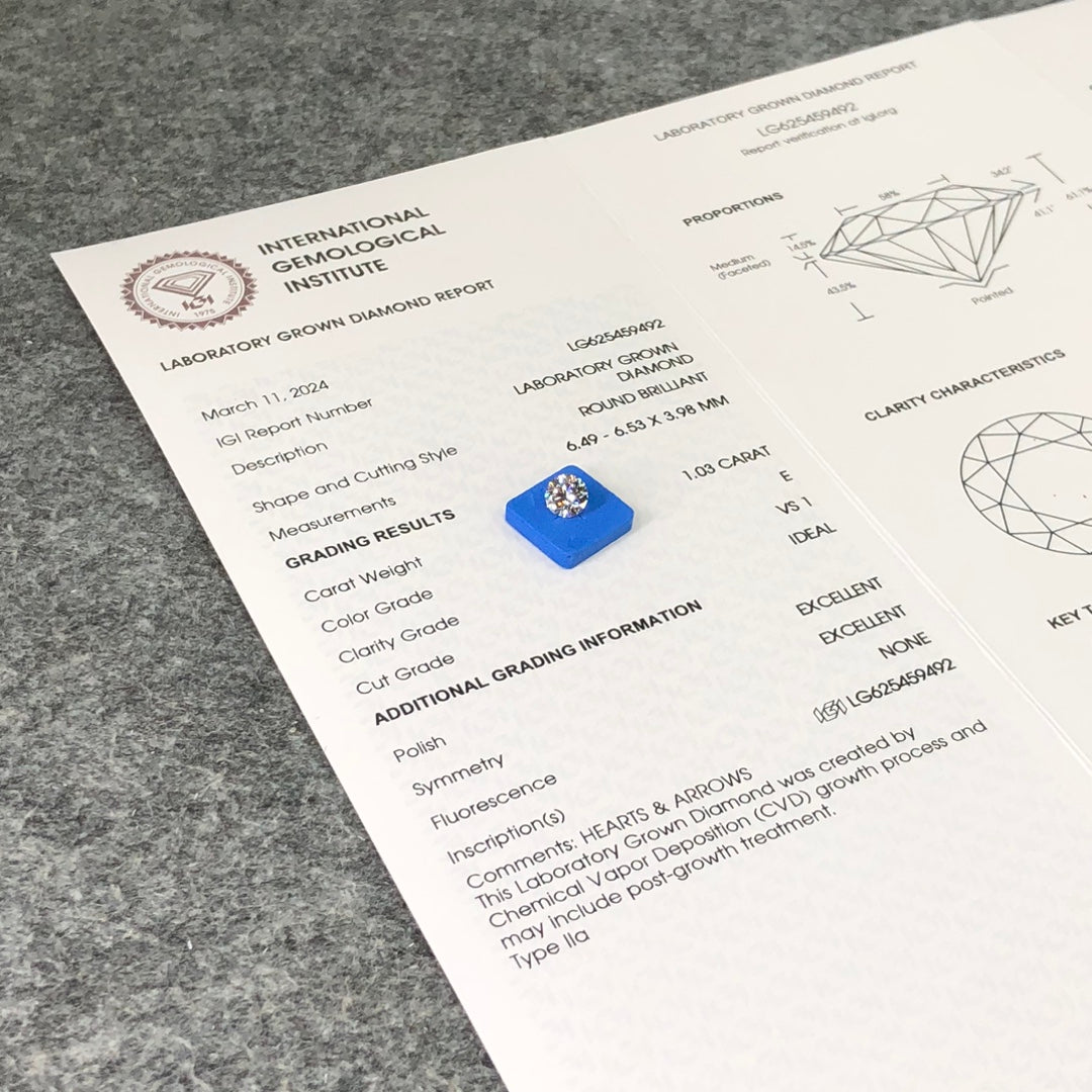 1.03 Carat Lab Grown Diamond VS1 IGI E CVD N Ideal 2EX Cut Synthetic Round Diamond