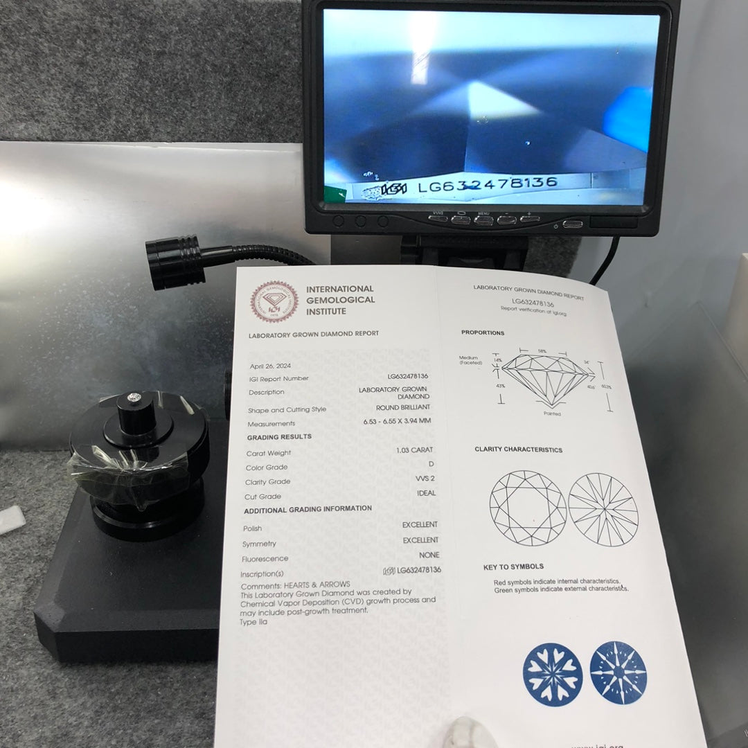 1.03 Carat Lab Grown Diamond VVS2 IGI Certificate D CVD N Ideal 2EX Cut