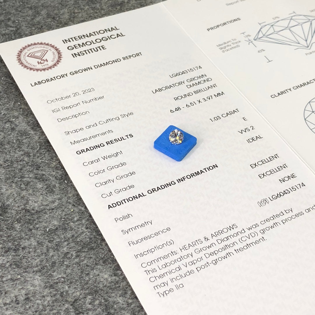 1.03 Carat Lab Grown Diamond VVS2 IGI Certificate E CVD 3EX Cut