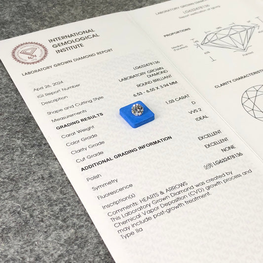 1.03 Carat Lab Grown Diamond VVS2 IGI Certificate D CVD N Ideal 2EX Cut