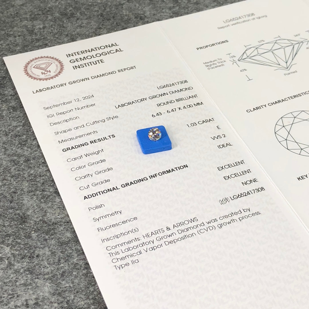 1.03 Carat Lab Grown Diamond VVS2 IGI E CVD N Ideal 2EX Cut