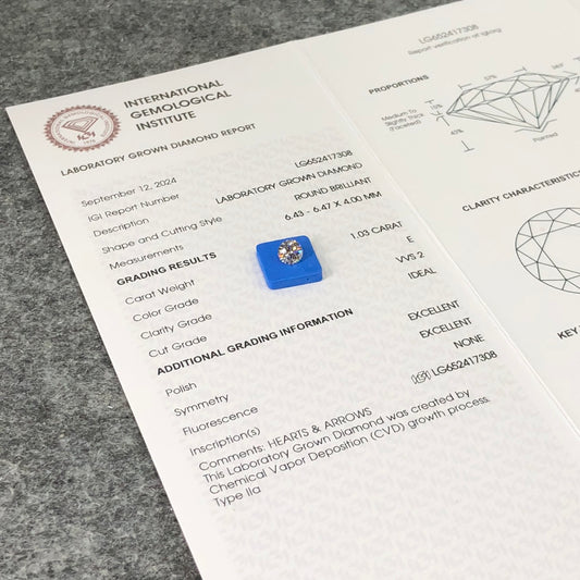 1.03 Carat Lab Grown Diamond VVS2 IGI E CVD N Ideal 2EX Cut
