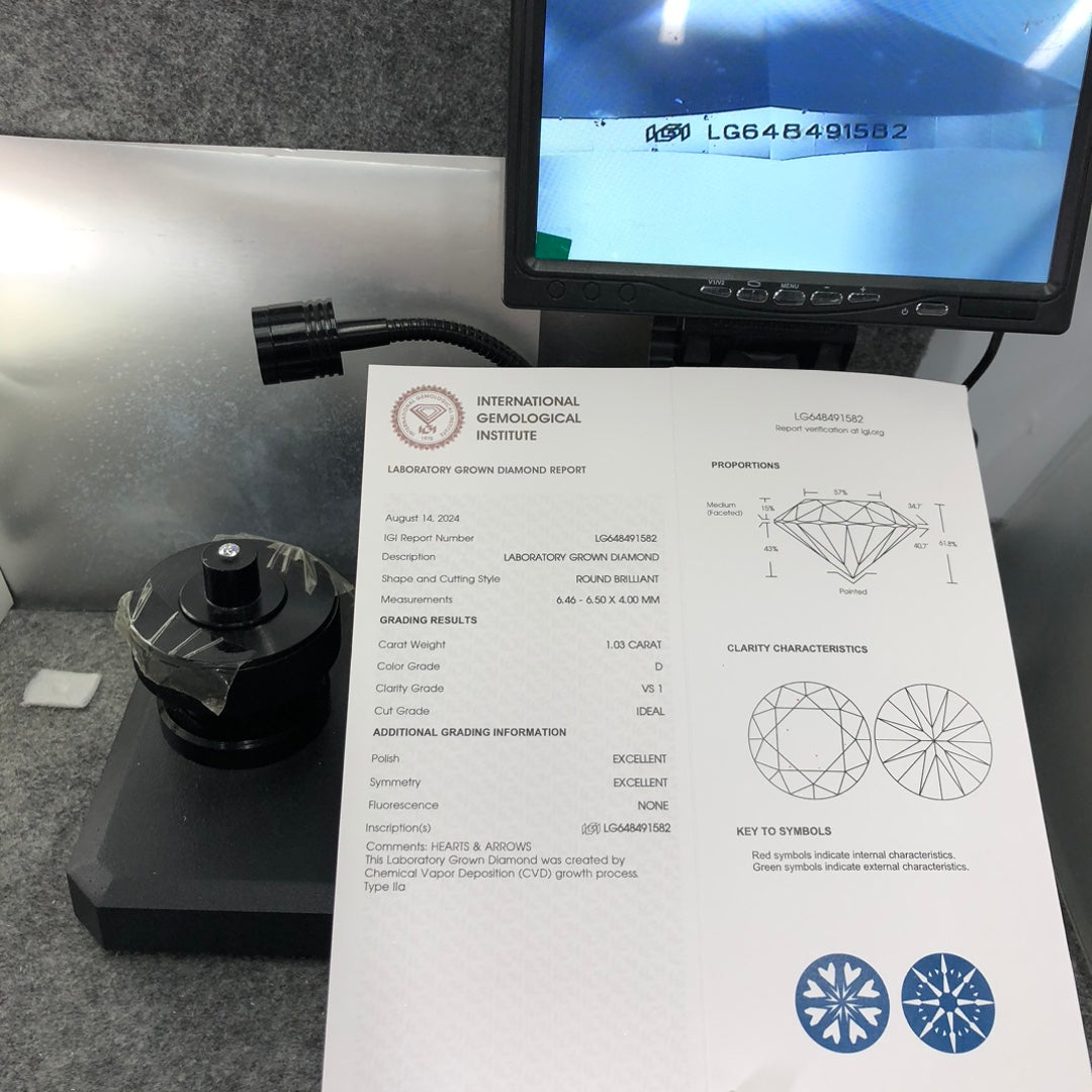 1.03 Carat Lab Grown Round Diamond D VS1 CVD ID EX EX IGI Certificate
