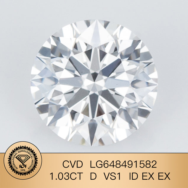 1.03 Carat Lab Grown Round Diamond D VS1 CVD ID EX EX IGI Certificate