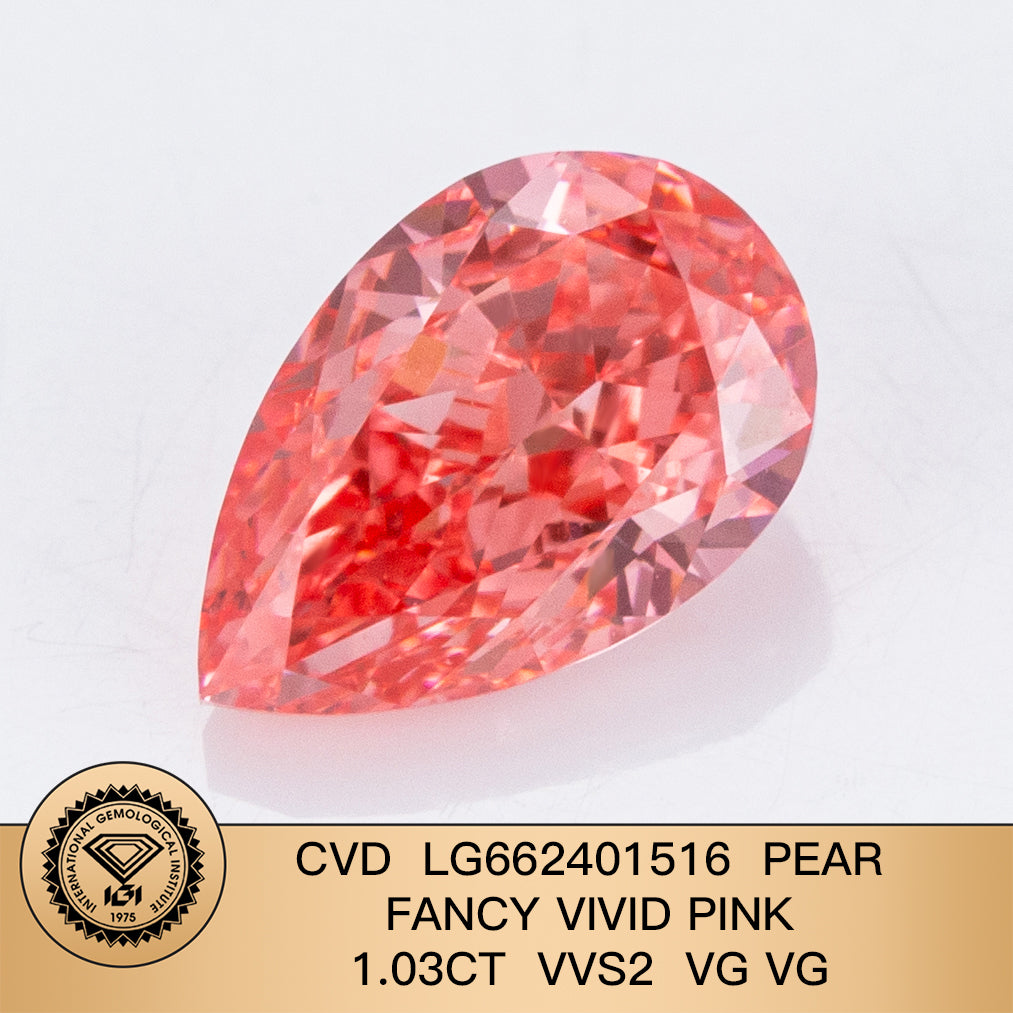 Diamant poire de 1,03 carat, cultivé en laboratoire, couleur rose vif fantaisie, VVS2, CVD, 2VG