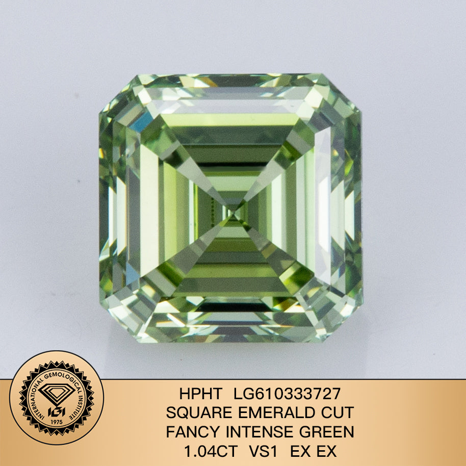 Diamant de laboratoire de 1,04 carat, vert intense fantaisie VS1 2EX HPHT, forme émeraude carrée