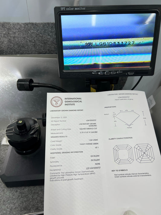 1.04 Carat Lab Grown Diamond Fancy Intense Green VS1 2EX HPHT Square Emerald Shape